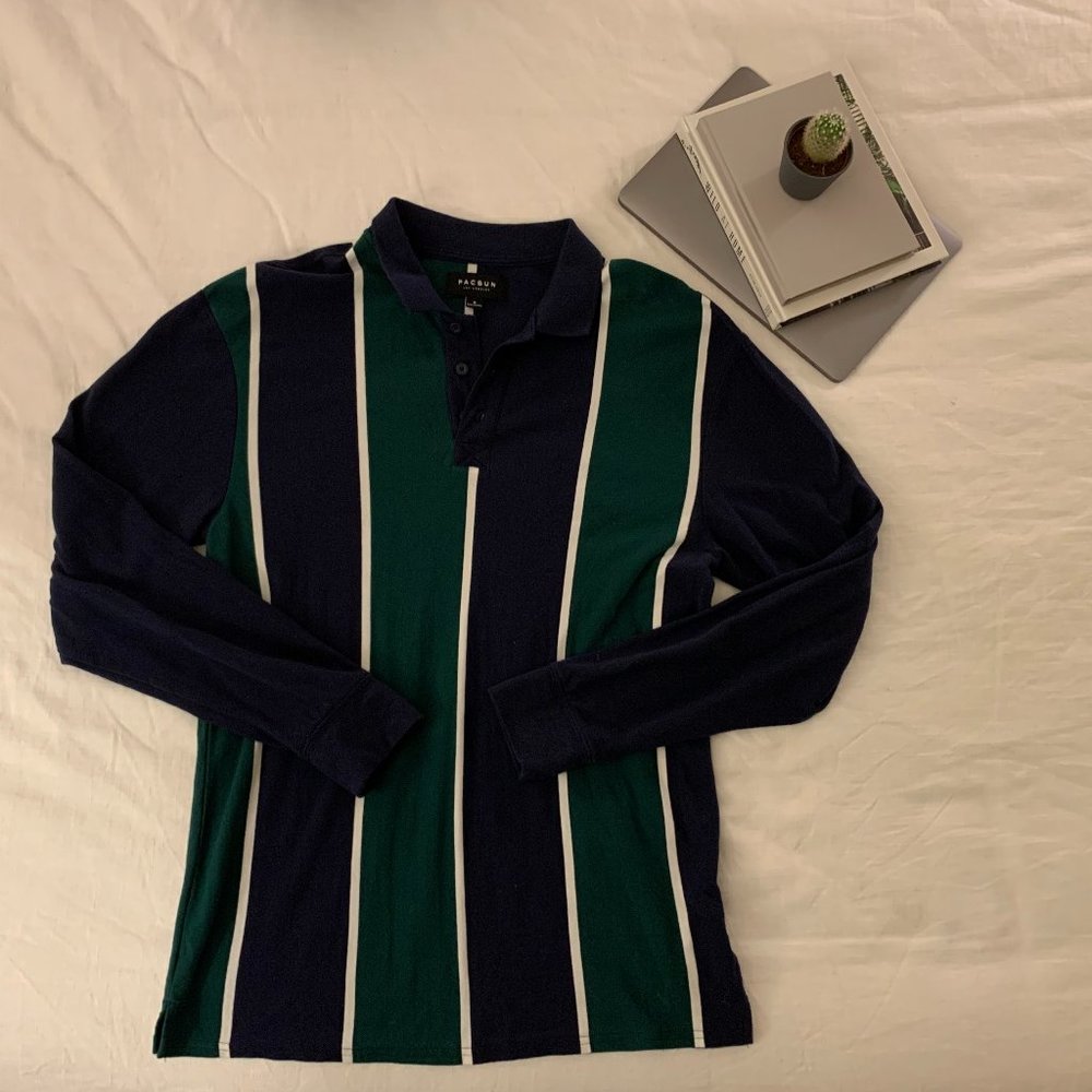 L Men's green, navy, and white stripe long sleeve polo